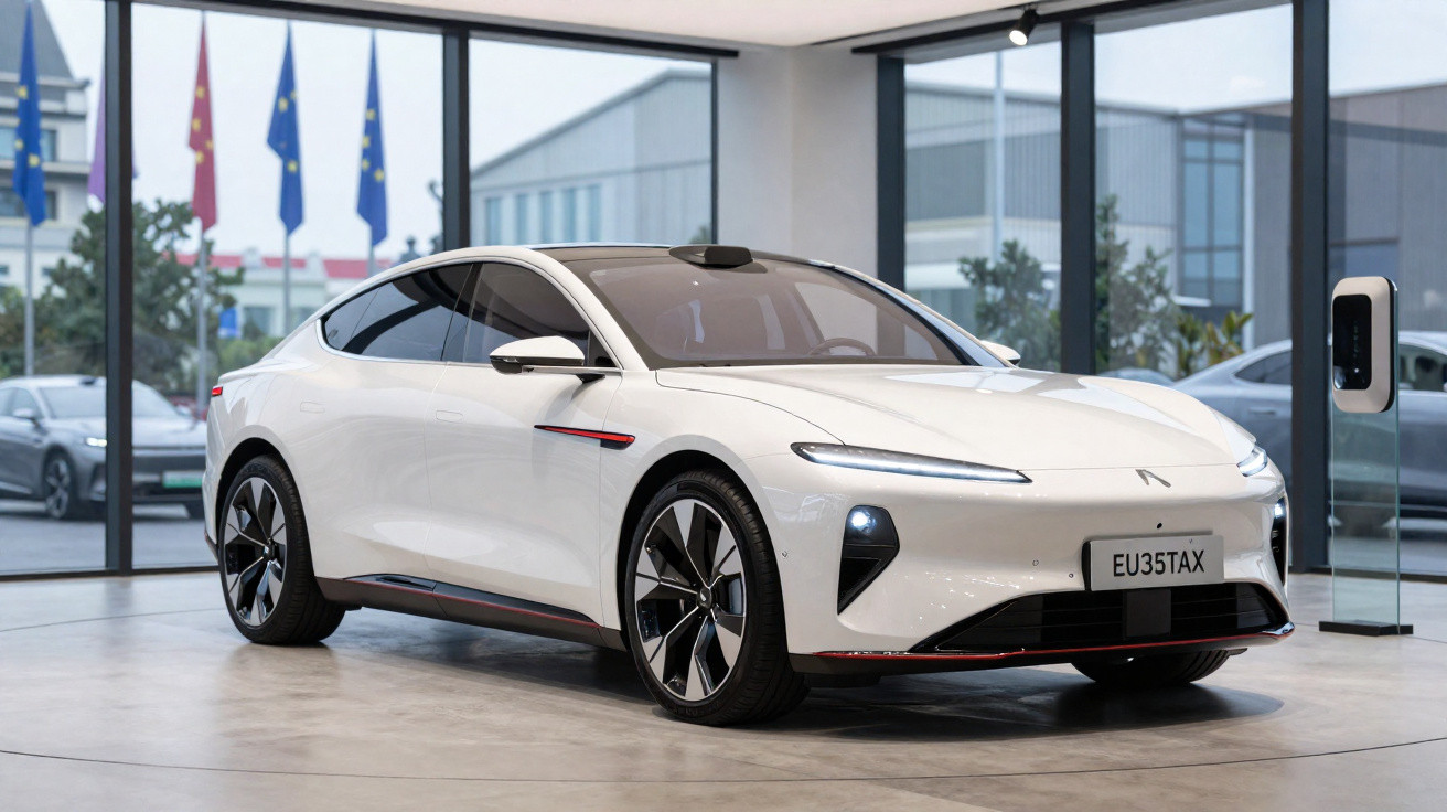 Carro elétrico branco moderno exposto em showroom com grandes janelas e estação de carregamento.