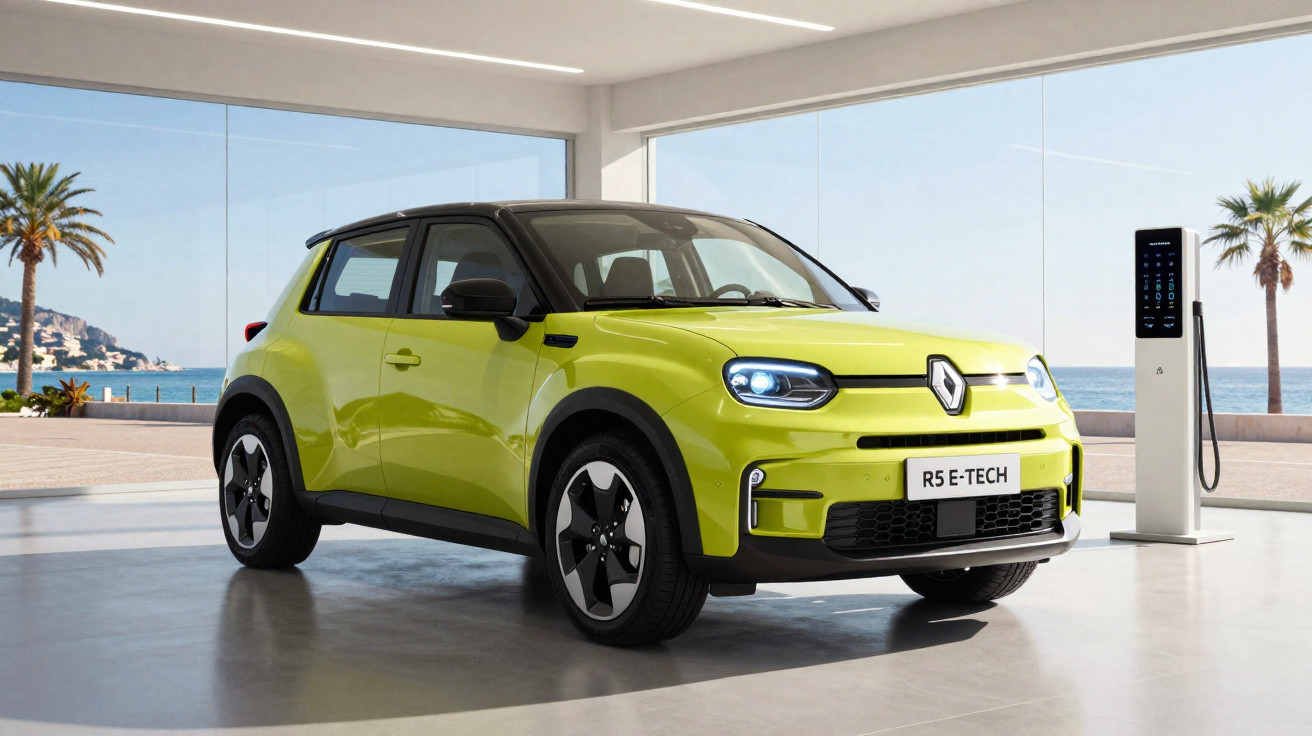 Carro elétrico Renault R5 E-Tech verde lima em showroom moderno com vista para o mar e palmeiras.