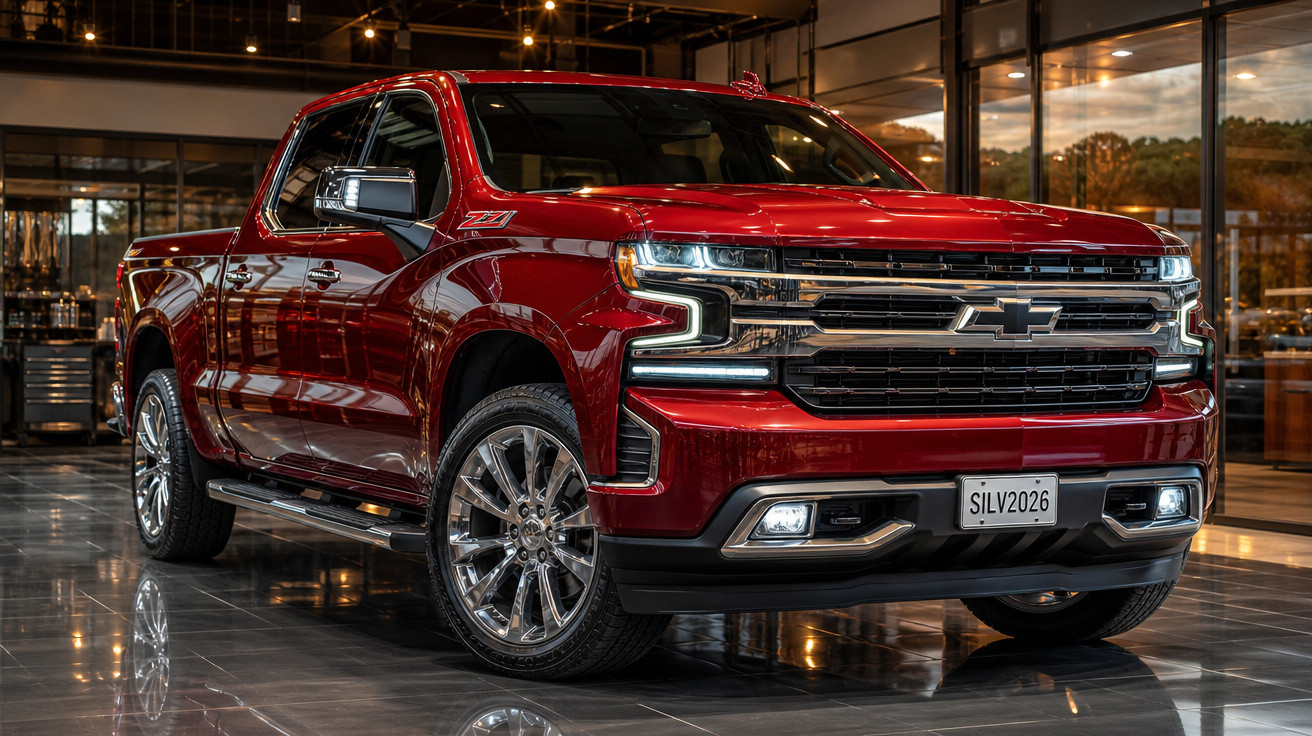 Picape Chevrolet vermelha com rodas cromadas em showroom iluminado, modelo moderno e robusto.