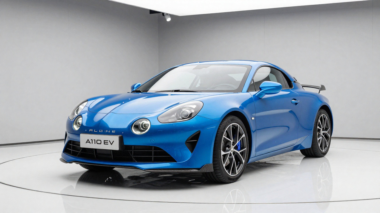 Carro esportivo azul Alpine A110 EV em estúdio branco com iluminação suave.