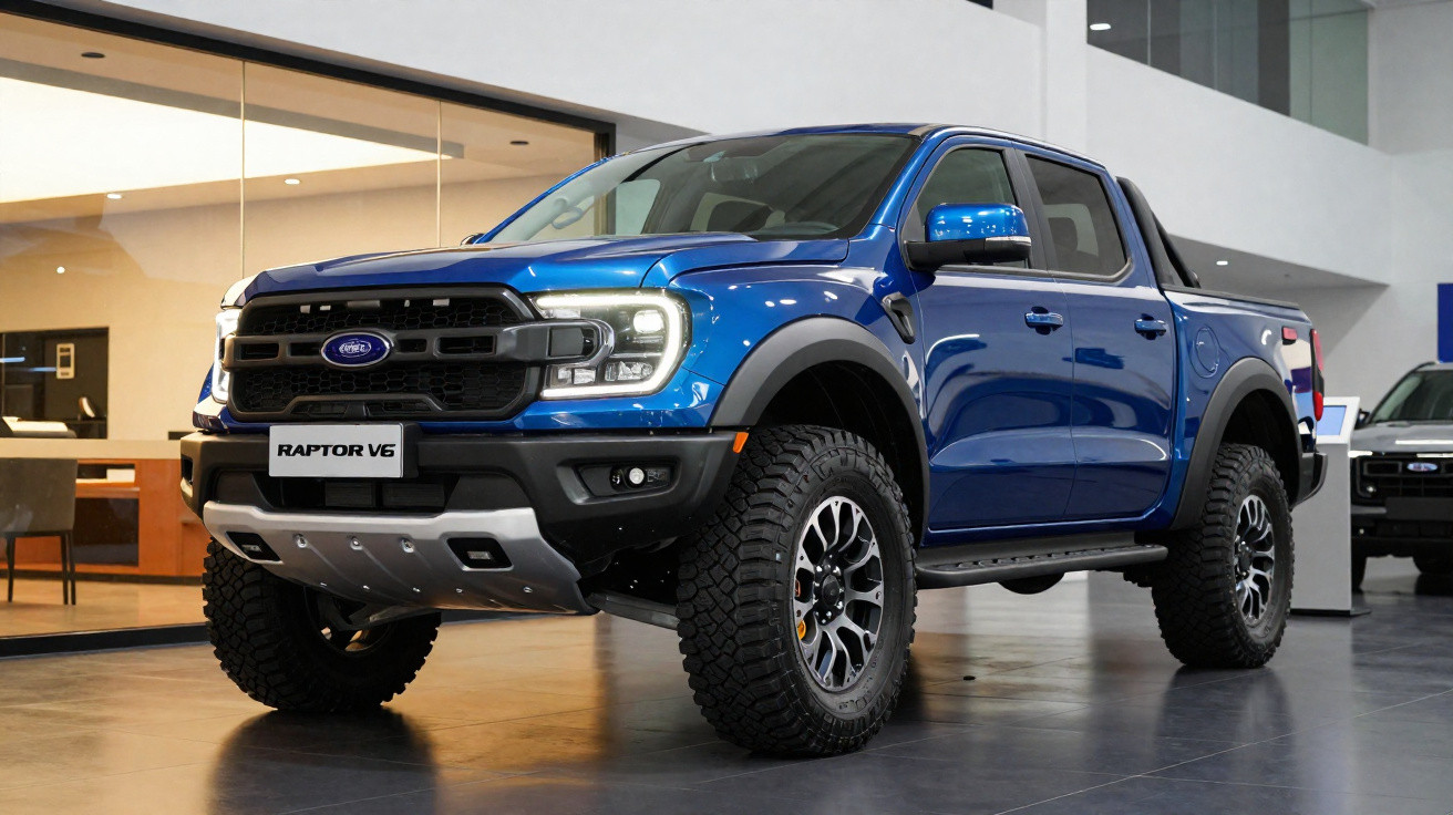Picape Ford Raptor V6 azul estacionada em showroom moderno com piso escuro.