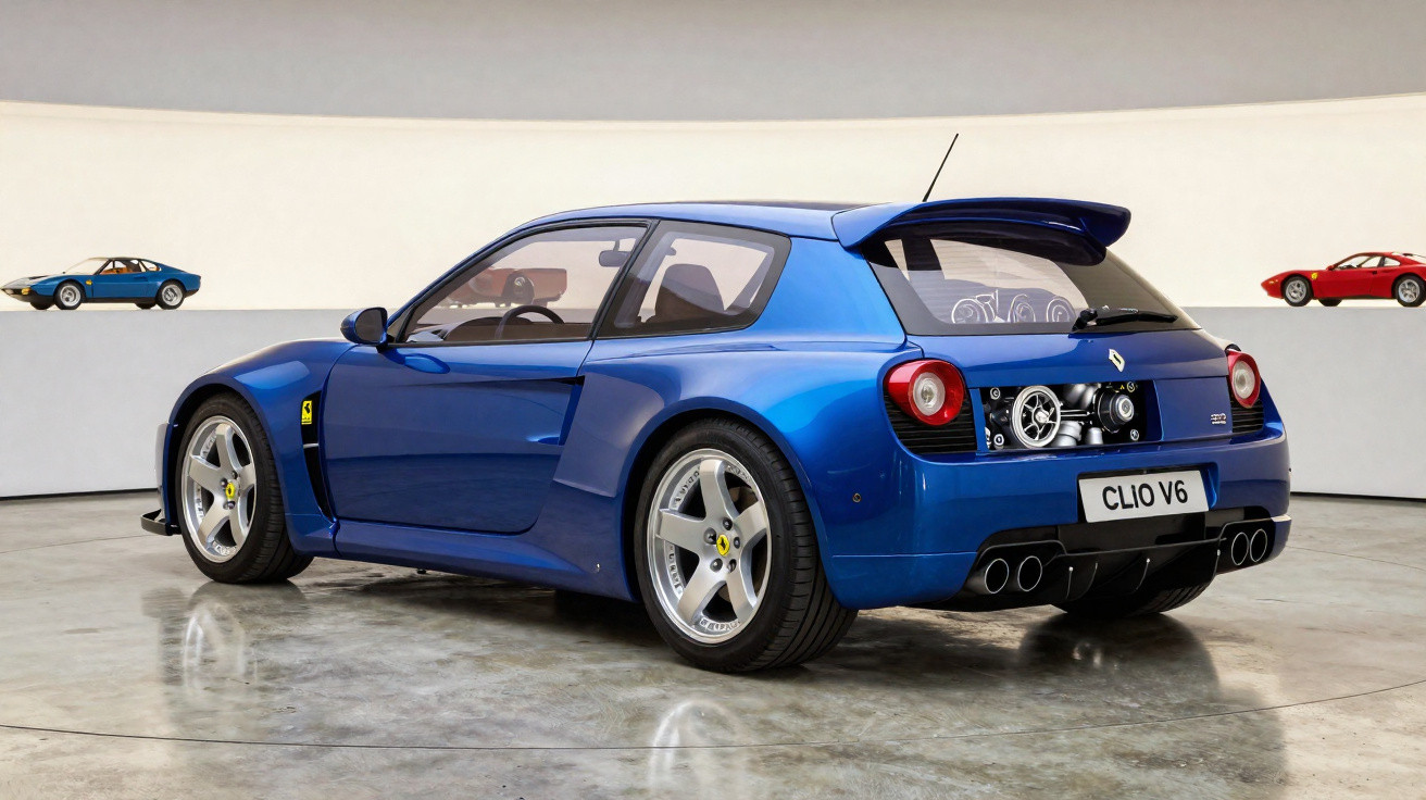 Carro esportivo azul Ferrari com motor exposto na traseira em exposição ao redor de modelos clássicos em miniatura.