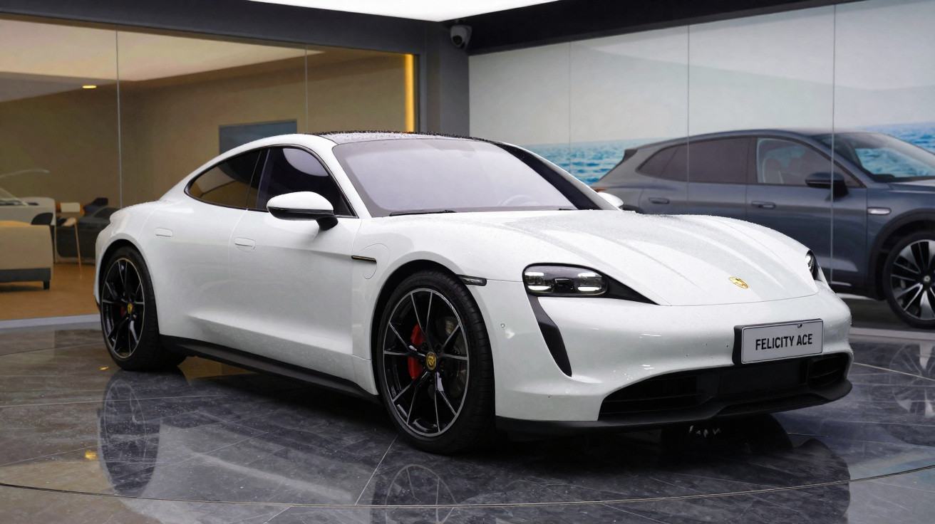 Carro esportivo branco Porsche estacionado em showroom moderno com piso de mármore e paredes de vidro.
