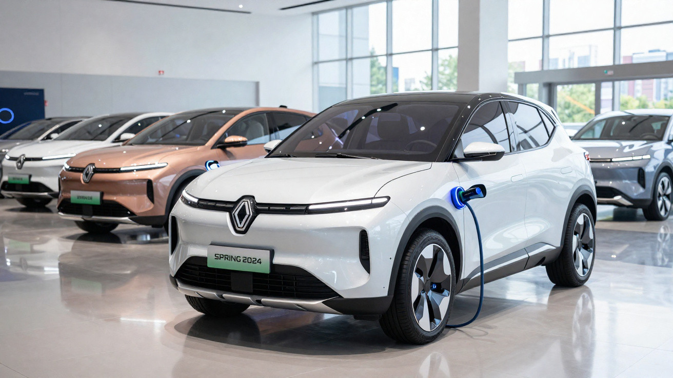 Carros elétricos Renault Spring 2024 em exposição, sendo um branco em primeiro plano conectado para carregamento.