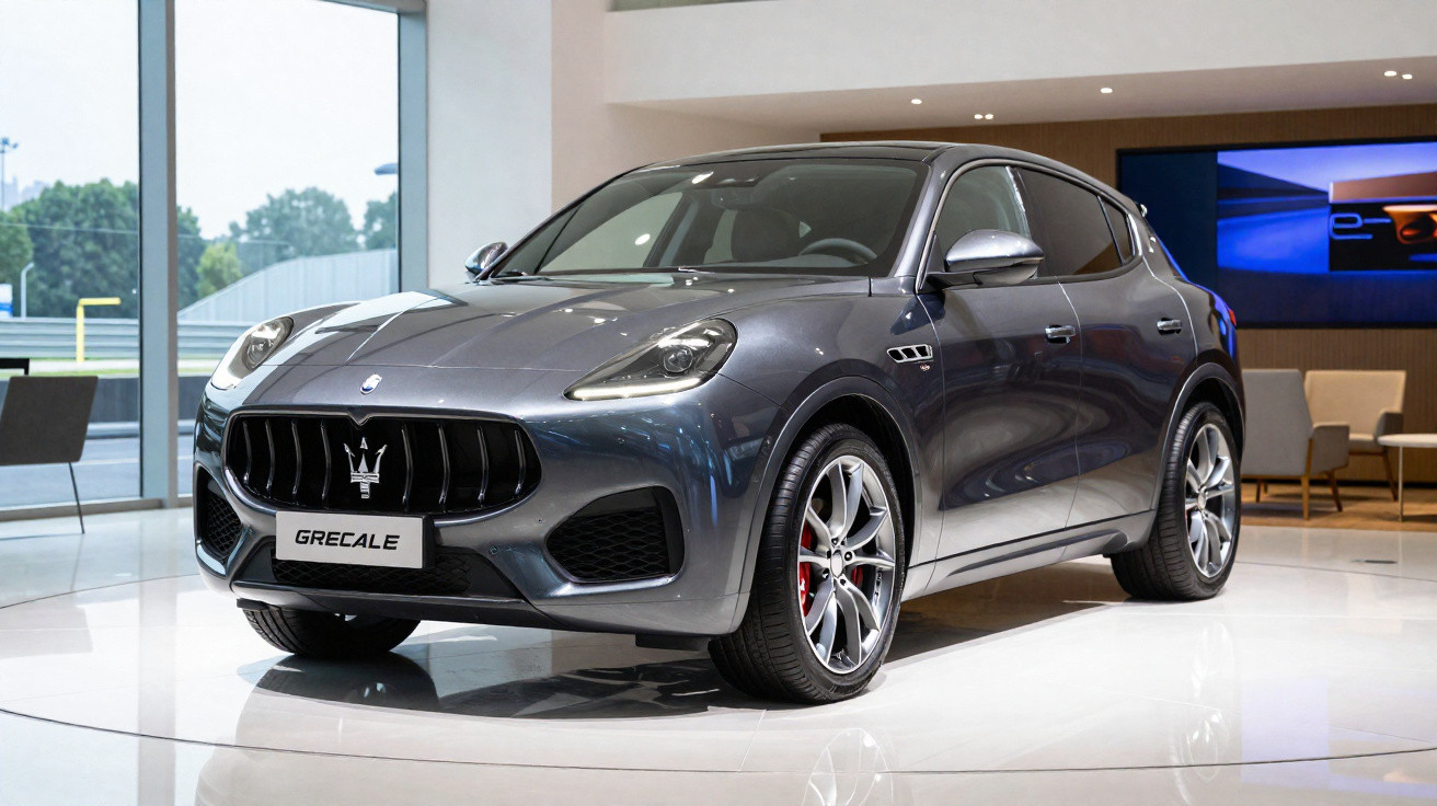 Carro SUV Maserati Grecale cinza exibido em showroom com piso branco e parede clara ao fundo.