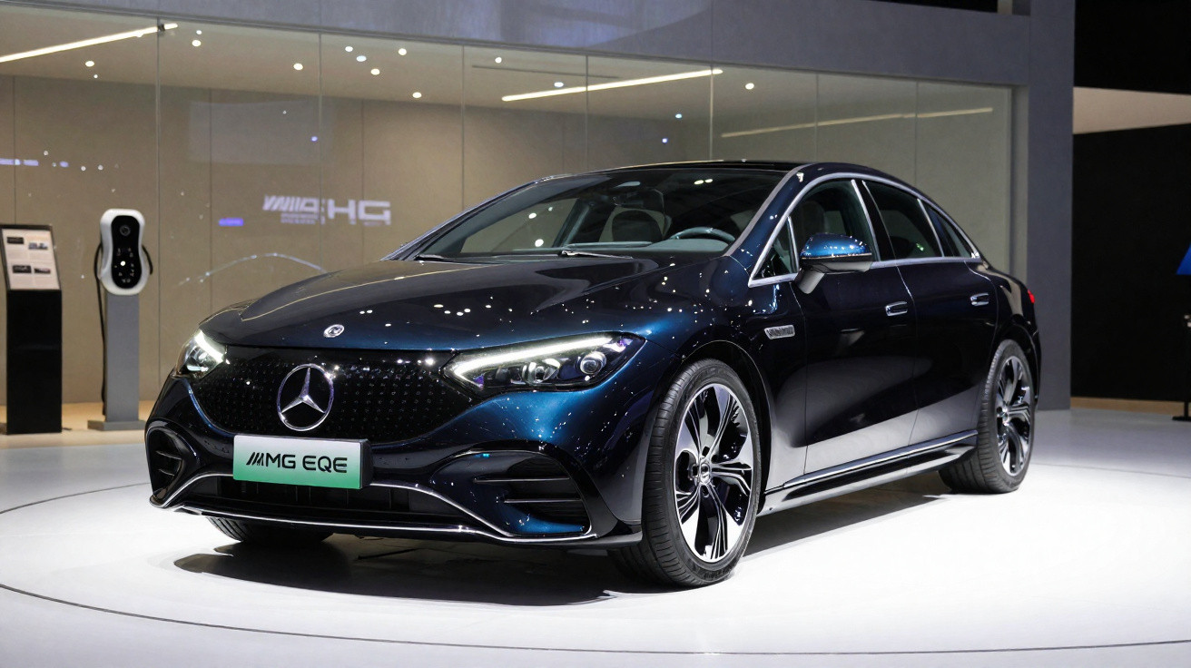 Carro elétrico Mercedes-Benz AMG EQE azul escuro exposto em plataforma branca em salão de automóveis.