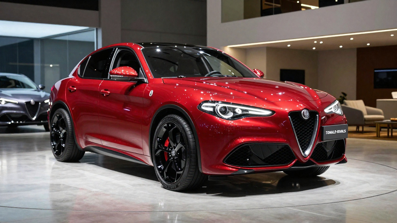 Carro esportivo Alfa Romeo vermelho com rodas pretas exibido em showroom moderno.