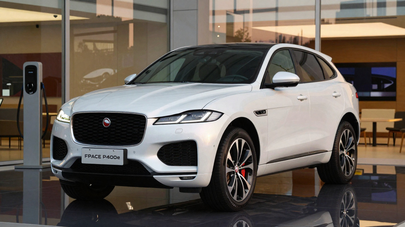 Carro elétrico Jaguar F-PACE P400e branco estacionado em showroom moderno com carregador elétrico ao lado.