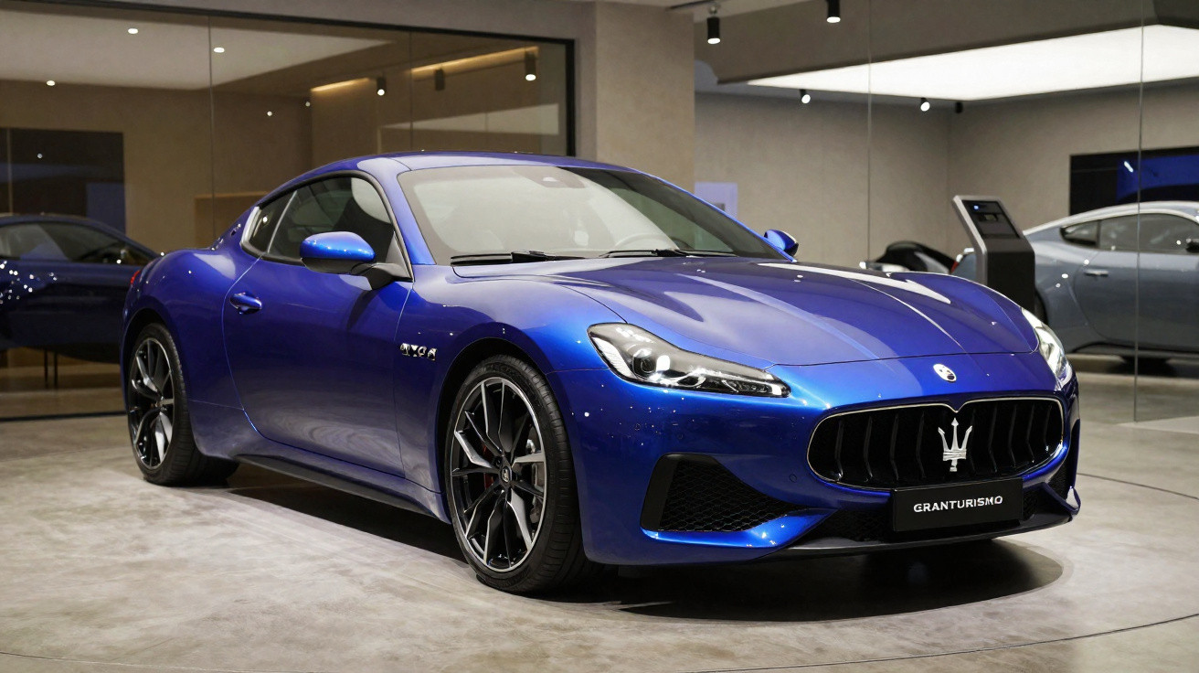 Carro esportivo azul Maserati GranTurismo estacionado em showroom moderno com chão de concreto.