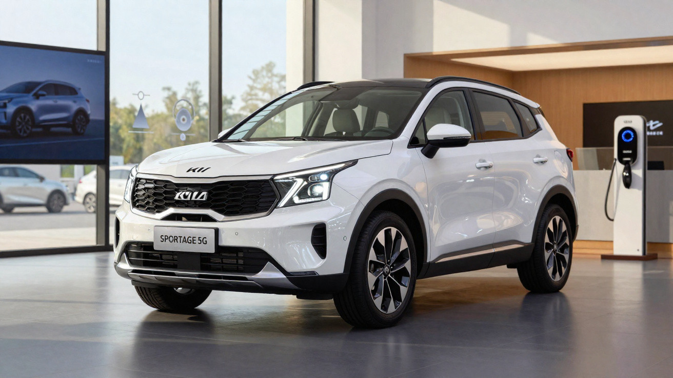 Carro SUV branco Kia Sportage 5G em showroom moderno com carregador elétrico ao fundo.