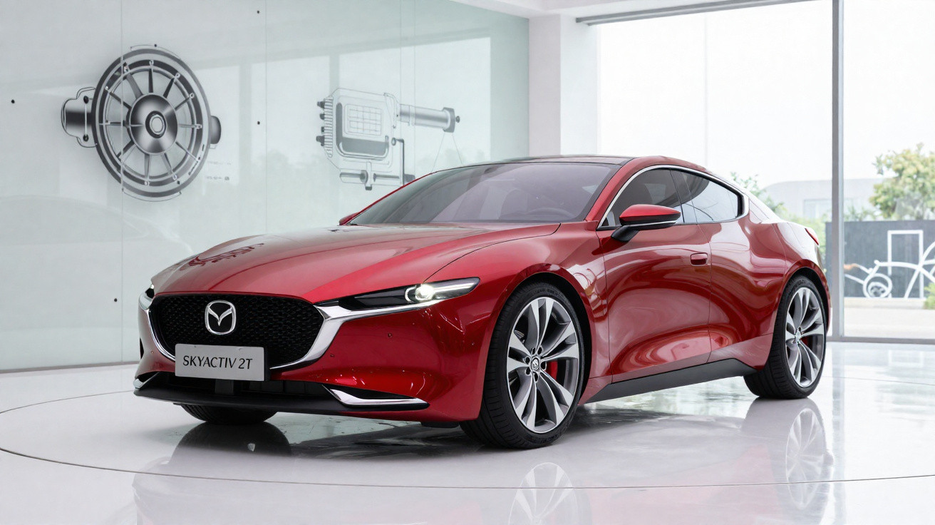 Carro esportivo vermelho Mazda Skyactiv 2T em exposição interna com paredes de vidro e desenhos técnicos ao fundo.