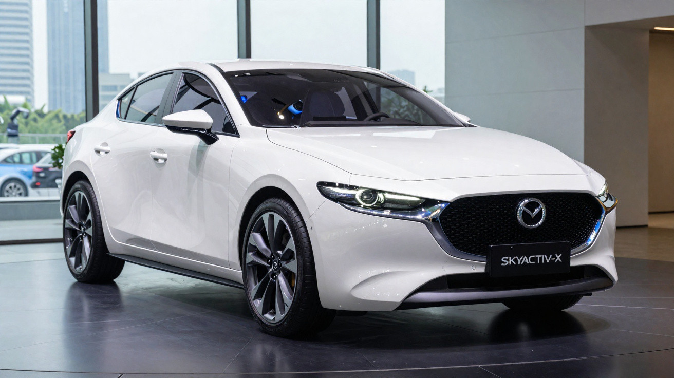 Carro sedan branco Mazda Skyactiv-X estacionado em showroom moderno com grandes janelas ao fundo.