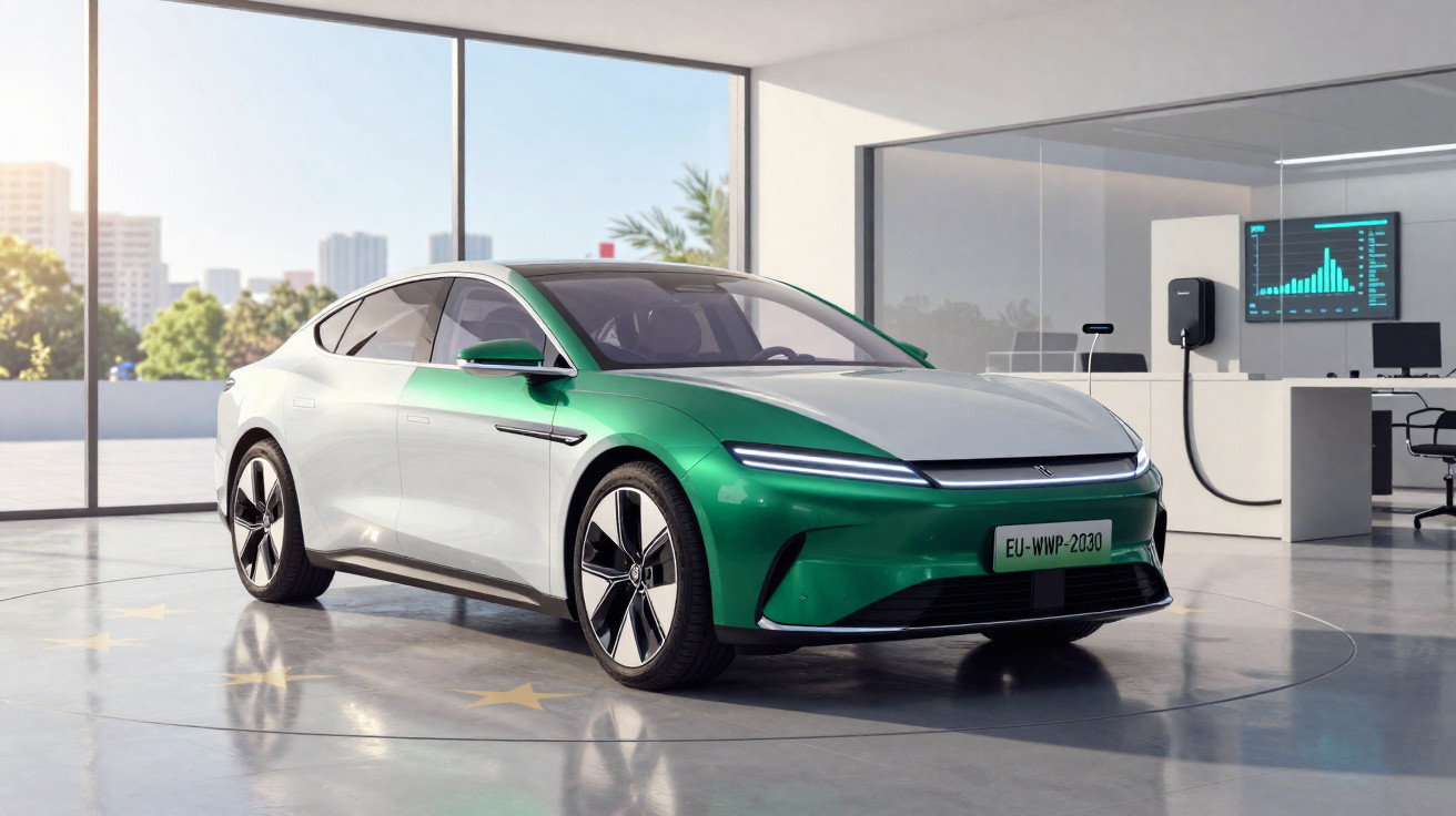Carro elétrico sedã branco e verde estacionado em garagem moderna com carregador conectado.