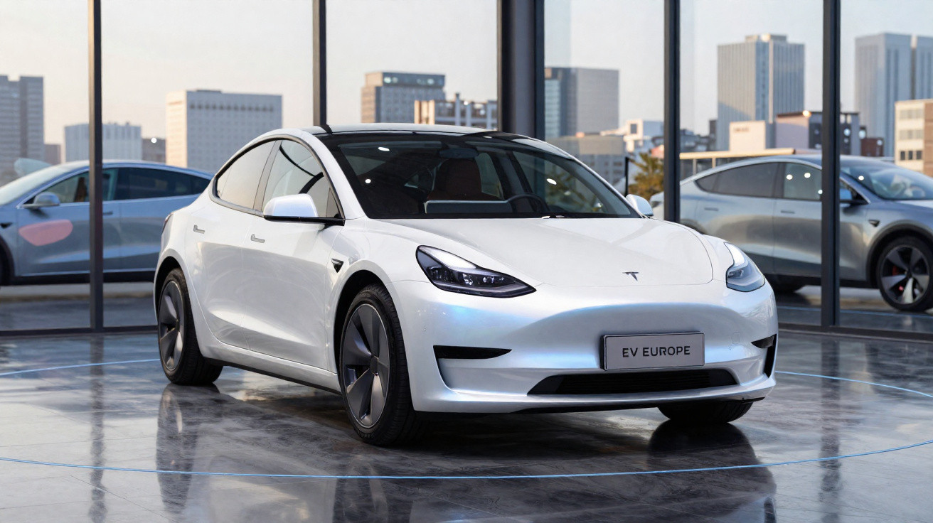 Carro elétrico branco Tesla Model 3 em exposição dentro de showroom com vidro e prédios ao fundo.