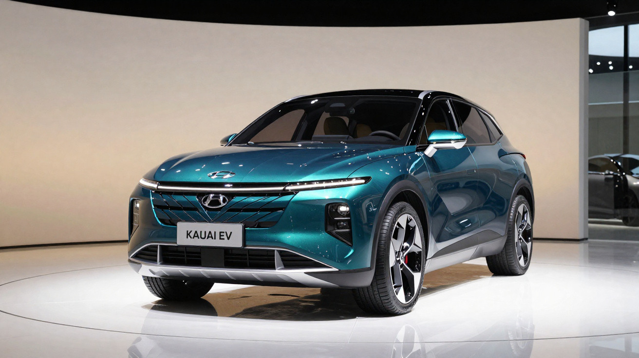 Carro elétrico Hyundai Kauai EV azul em exposição com design moderno e faróis finos.