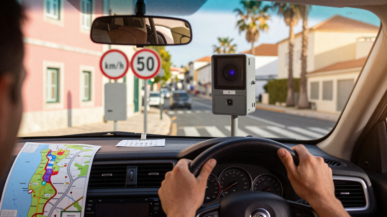 Interior de carro com motorista segurando volante, câmera de velocidade e placa de limite 50 km/h à frente.