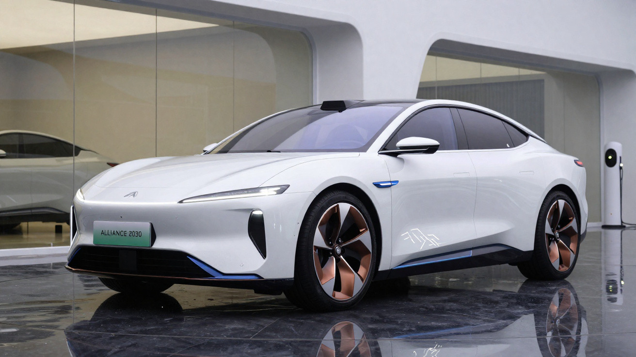 Carro elétrico branco Alliance 2030 com rodas bronze em ambiente interno moderno e espaçoso.