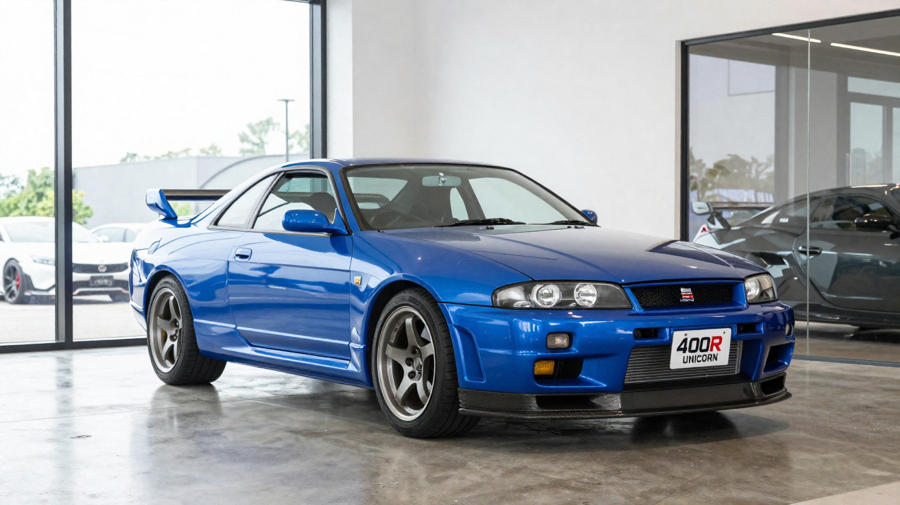 Carro esportivo azul Nissan Skyline GT-R R34 estacionado em garagem com piso de concreto.
