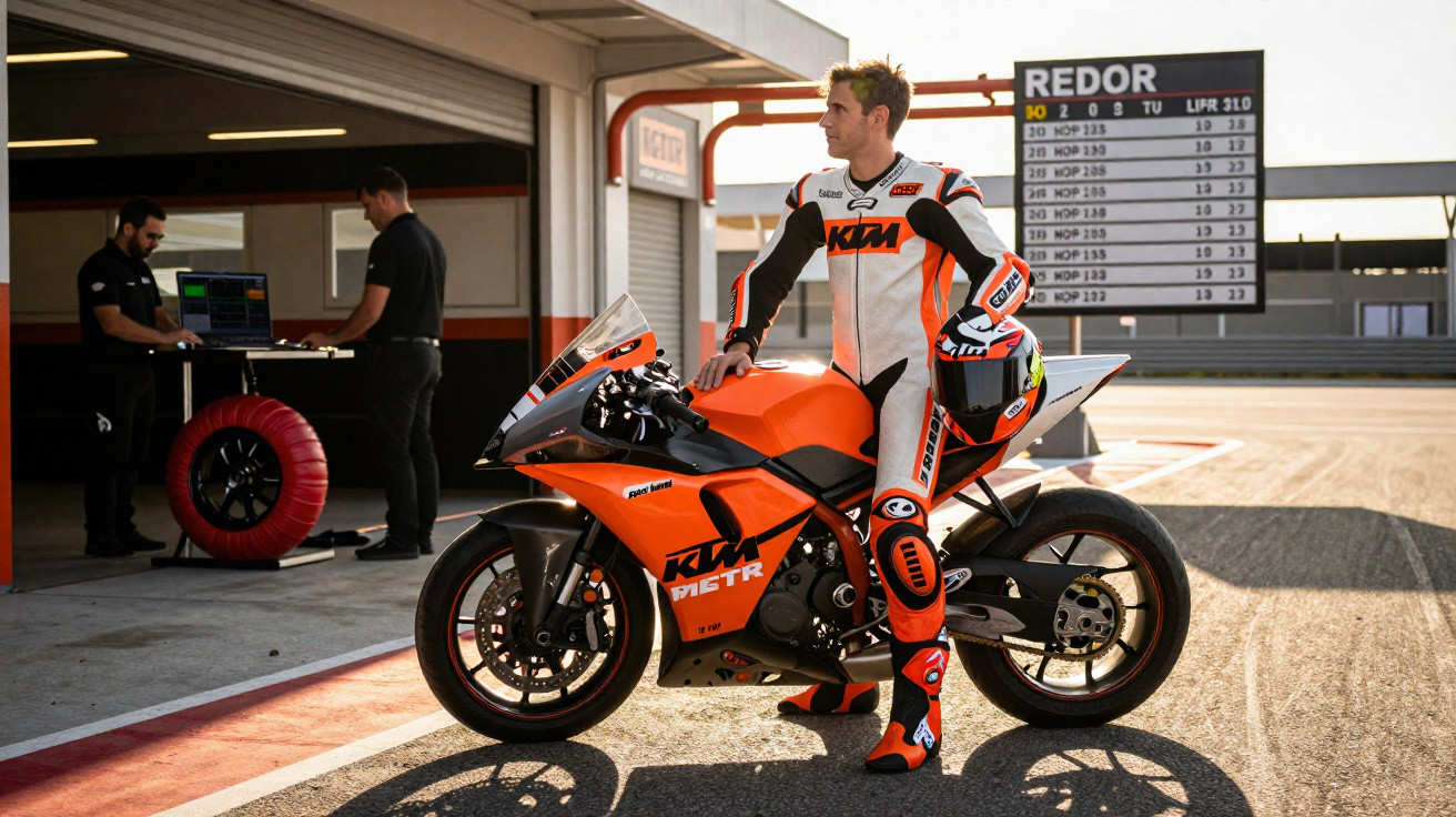 Piloto com equipamento KTM laranja ao lado de motocicleta KTM laranja em pista de corrida, com equipe ao fundo.