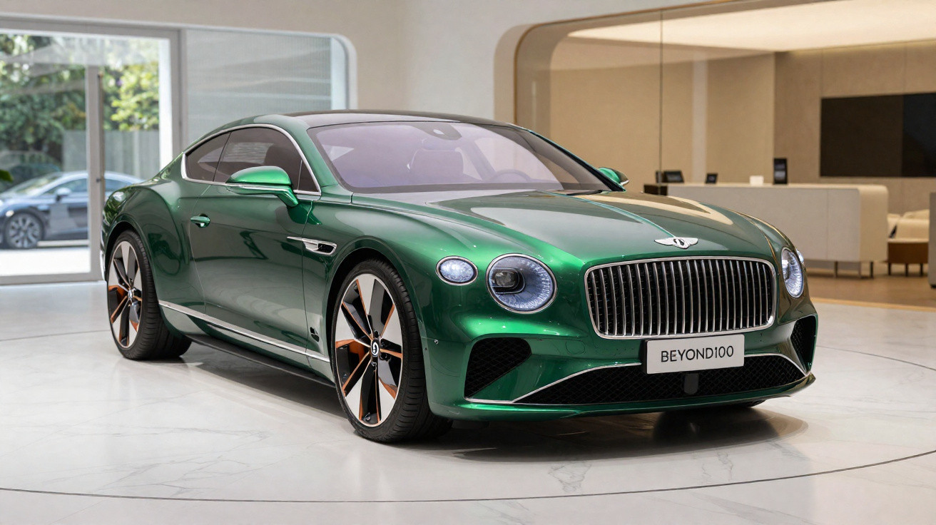 Carro esportivo Bentley verde metálico estacionado em ambiente interno moderno e iluminado.