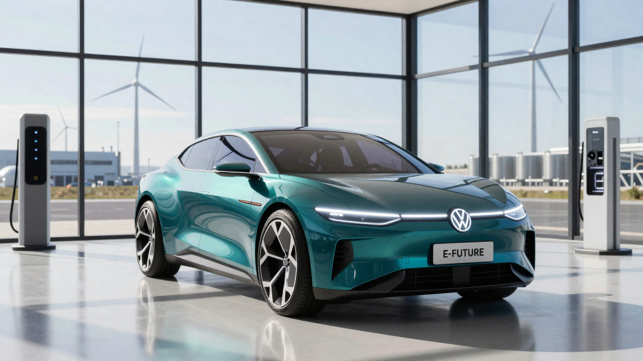 Carro elétrico Volkswagen verde em showroom moderno com janelas e turbinas eólicas ao fundo.