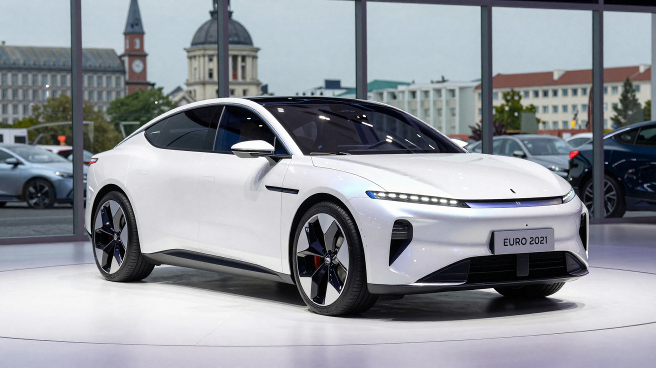 Carro elétrico branco moderno exposto em salão com fundo urbano visível pelas janelas.
