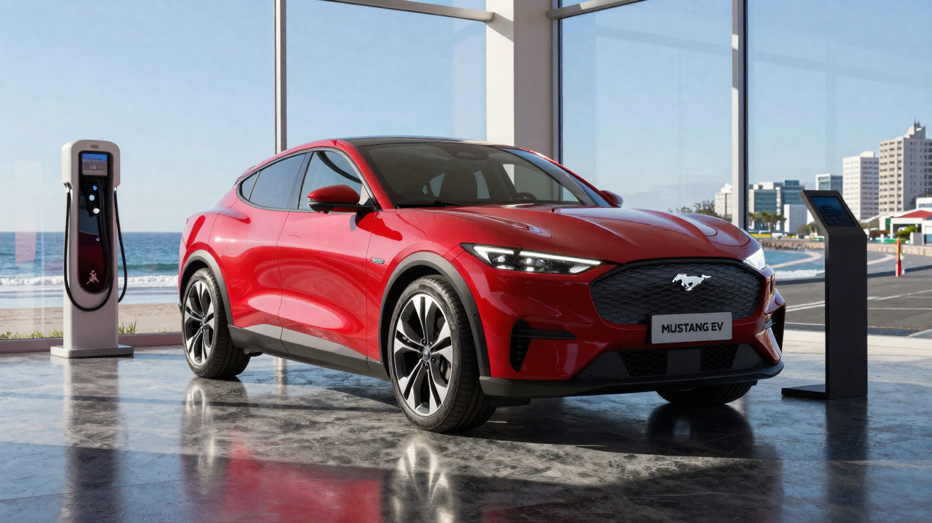 Carro elétrico vermelho Mustang EV estacionado ao lado de um carregador em um ambiente moderno.