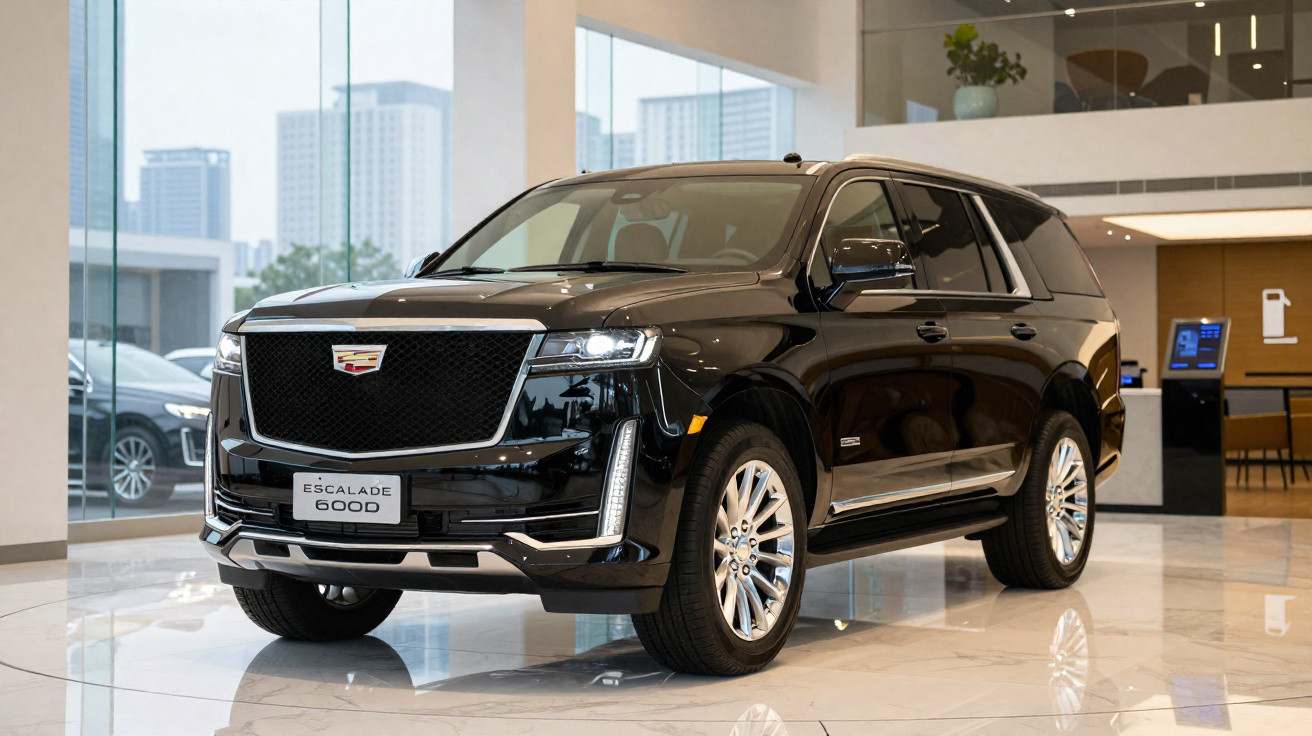 SUV preto Cadillac Escalade 600D exibido em showroom moderno com piso de mármore.