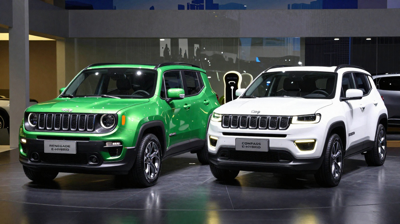 Dois SUVs Jeep, modelo Renegade e Compass, híbridos plug-in, expostos em showroom moderno.