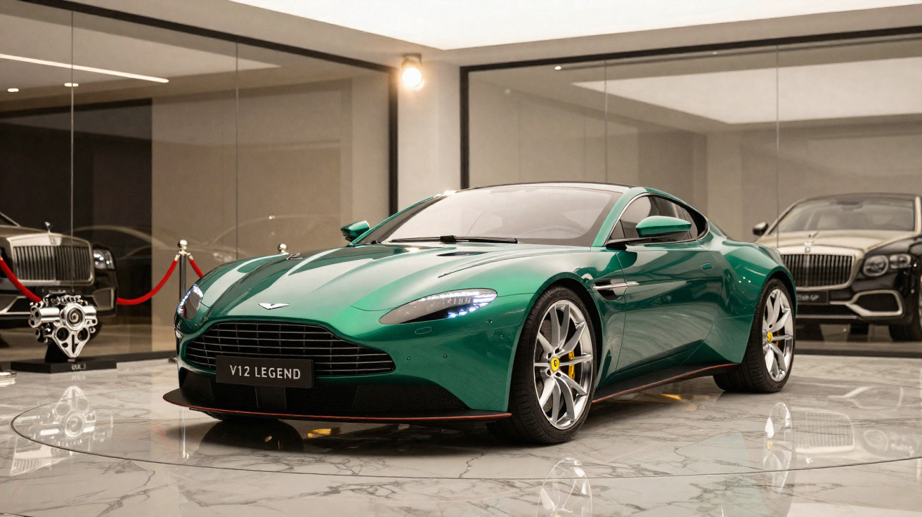 Carro esportivo verde Aston Martin V12 Legend em showroom com piso de mármore e dois carros de luxo ao fundo.