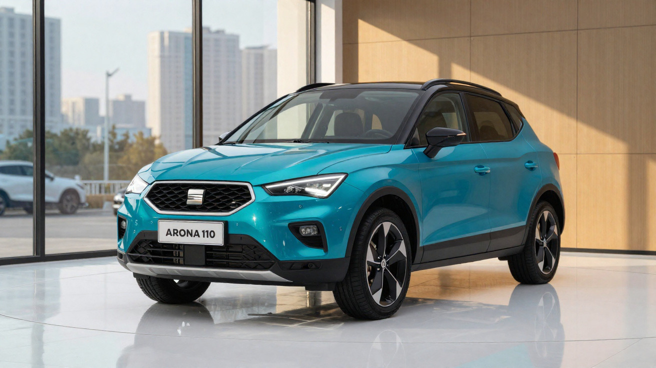 Carro SUV azul Seat Arona 110 exposto em showroom com parede de madeira e janelas grandes ao fundo.