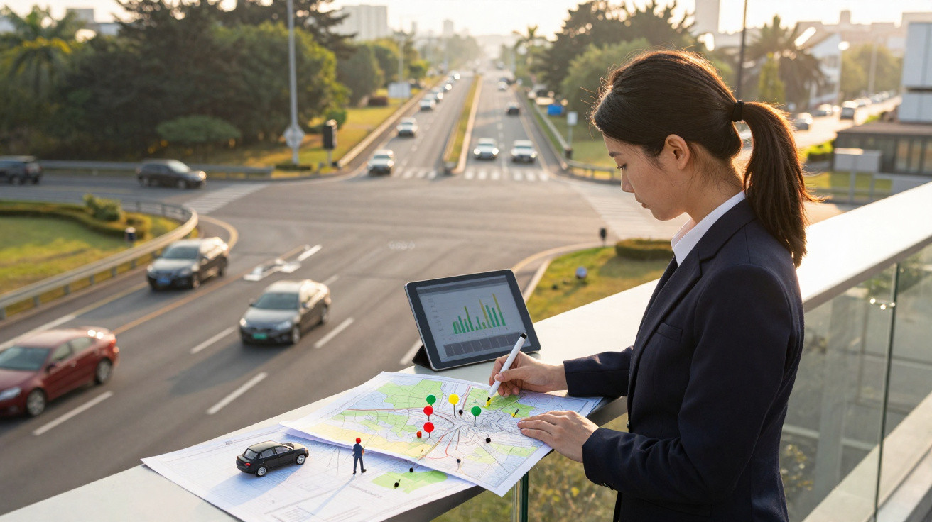 Mulher de negócios analisando mapas e gráficos ao ar livre próximo a uma avenida movimentada.