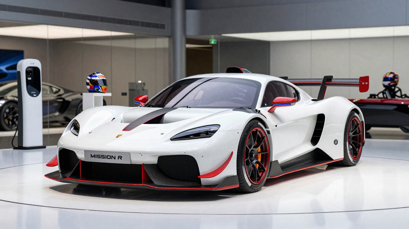 Carro esportivo branco Porsche Mission R exibido em showroom moderno com detalhes em vermelho e rodas pretas.