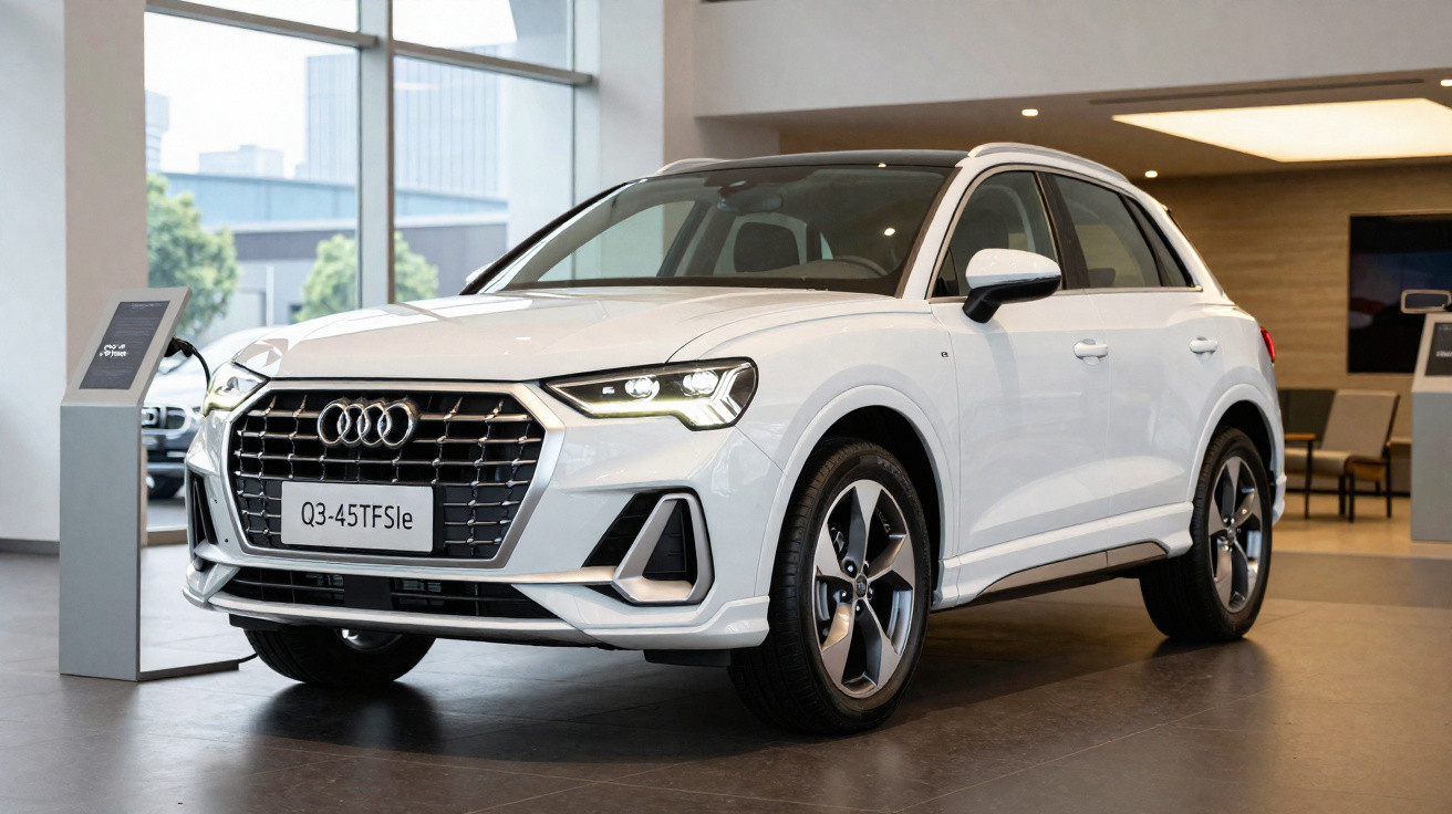 Carro branco Audi Q3-45TFSIe exibido em showroom moderno com iluminação natural.