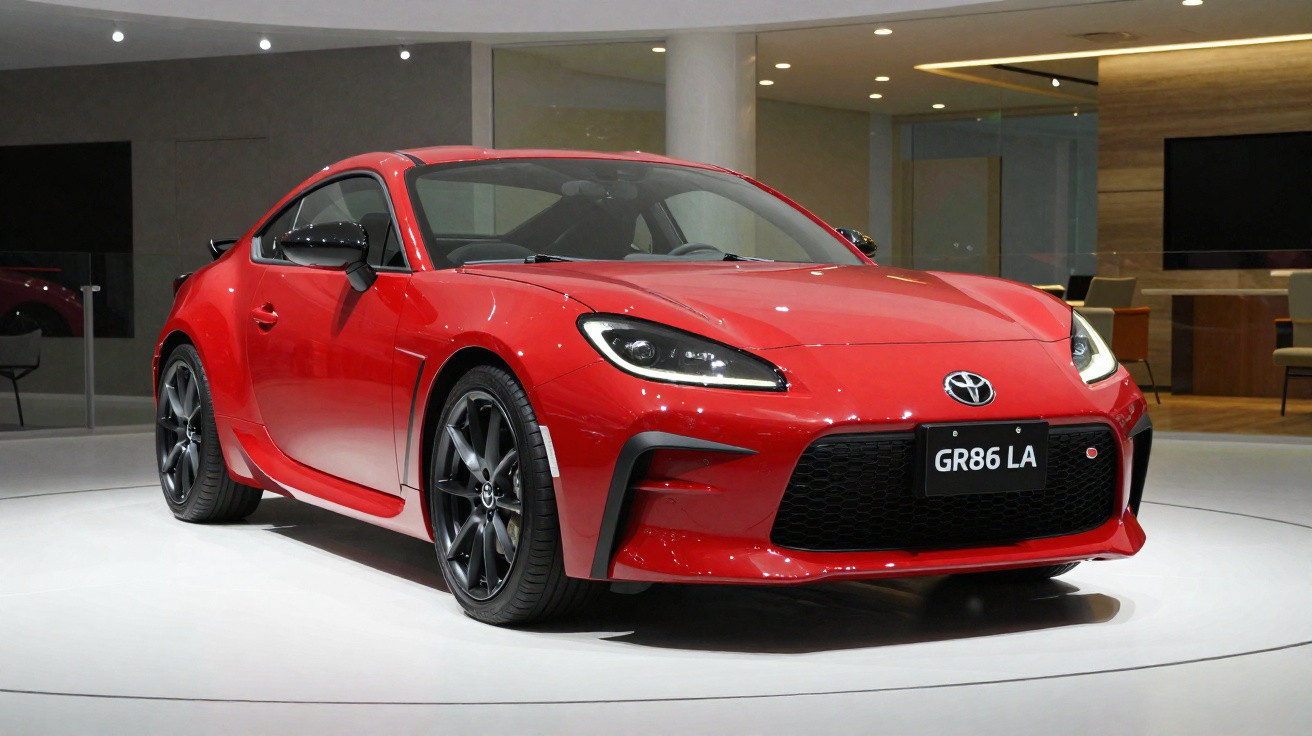Carro esportivo Toyota GR86 vermelho exibido em plataforma branca em ambiente interno moderno.