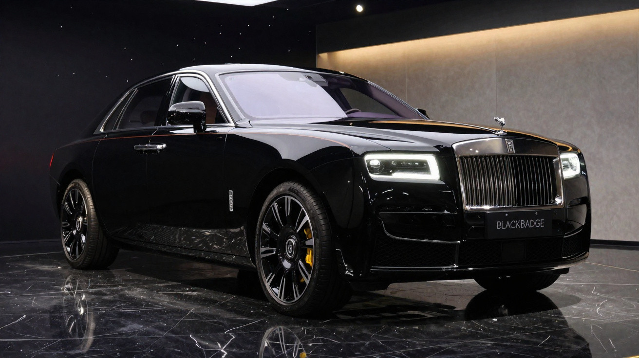 Carro sedan de luxo preto Rolls-Royce Black Badge estacionado em piso de mármore preto.