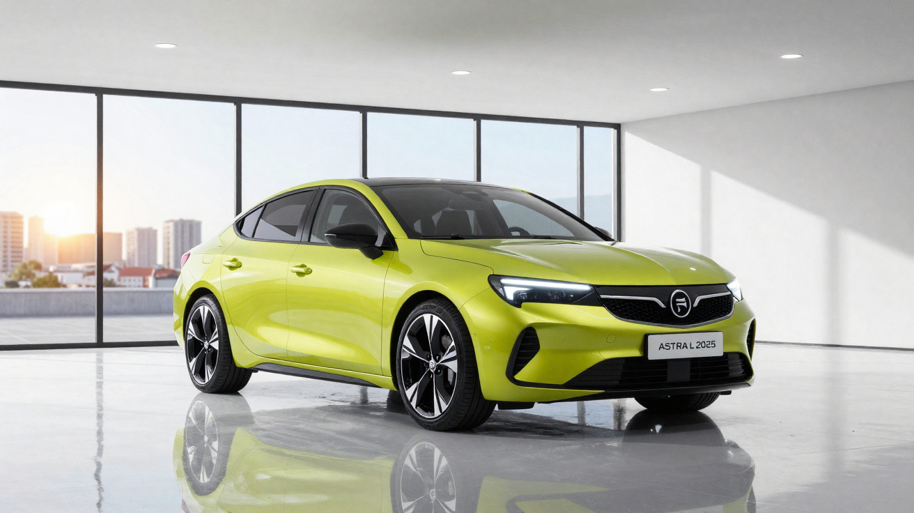 Carro sedan verde-limão Astral 2025 em ambiente interno com janelas amplas e piso brilhante.