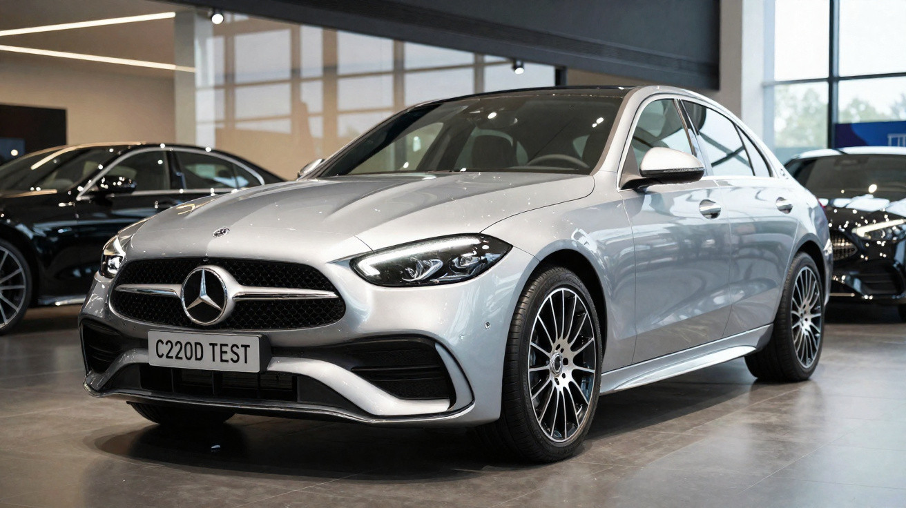 Carro Mercedes-Benz prata modelo C220D em exposição dentro de showroom moderno.