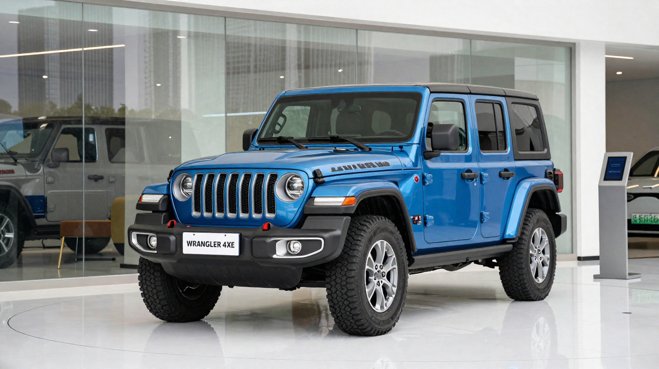 Jeep Wrangler 4xe azul exposto em showroom moderno com piso branco e paredes de vidro.