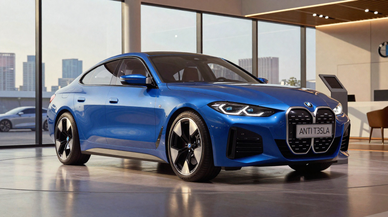 Carro BMW azul elétrico exposto em showroom moderno com grandes janelas e vista urbana ao fundo.