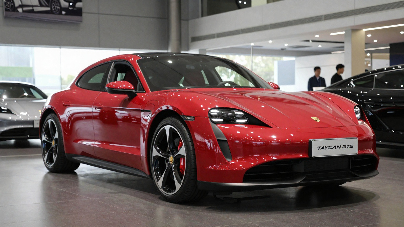 Carro esportivo Porsche Taycan GTS vermelho exibido em showroom moderno e iluminado.
