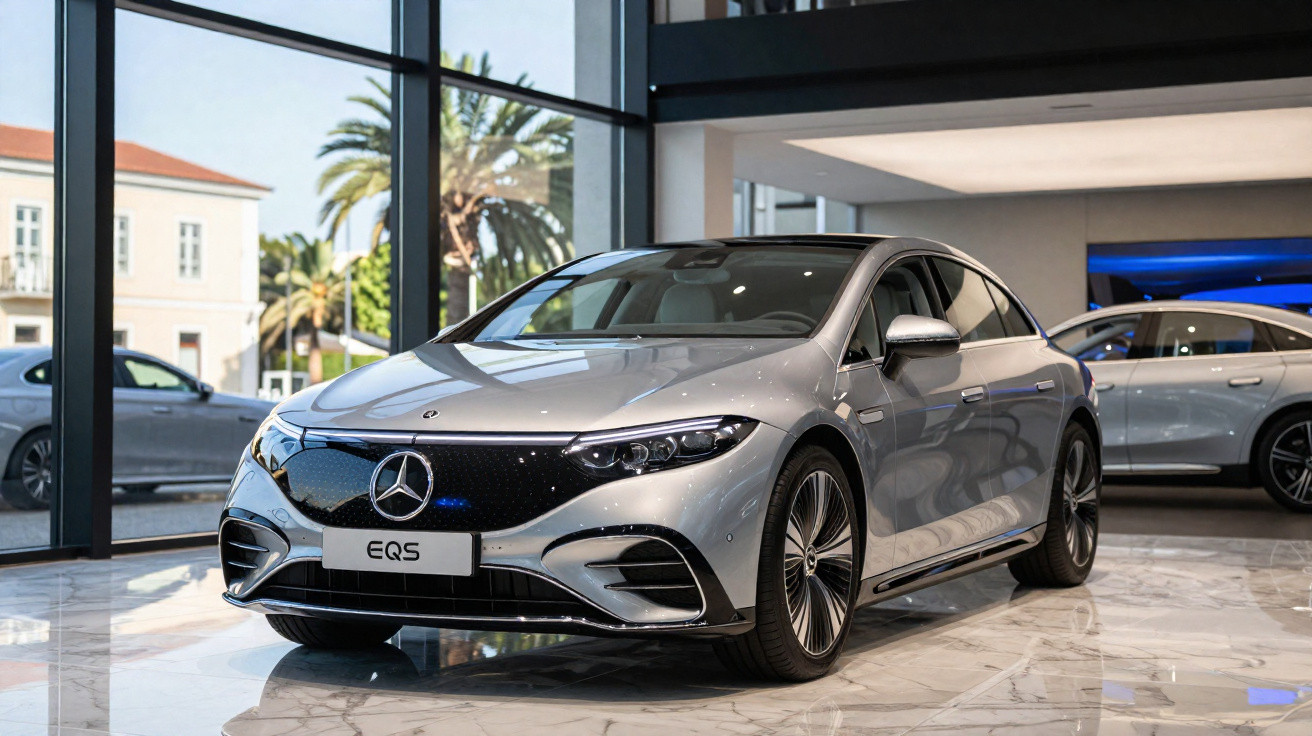 Carro elétrico Mercedes-Benz EQS prata exibido em showroom com piso de mármore e grandes janelas.