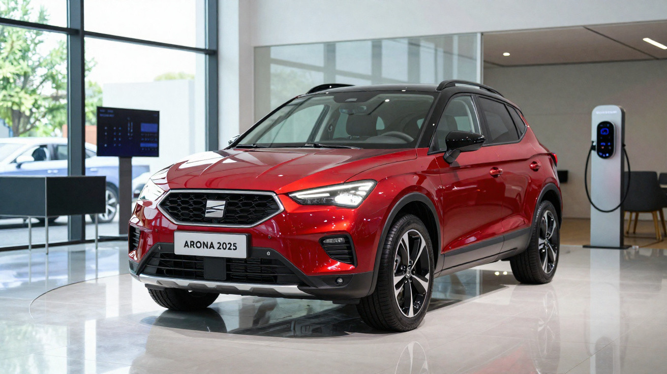 Carro vermelho modelo Arona 2025 em showroom moderno com estação de recarga elétrica ao fundo.