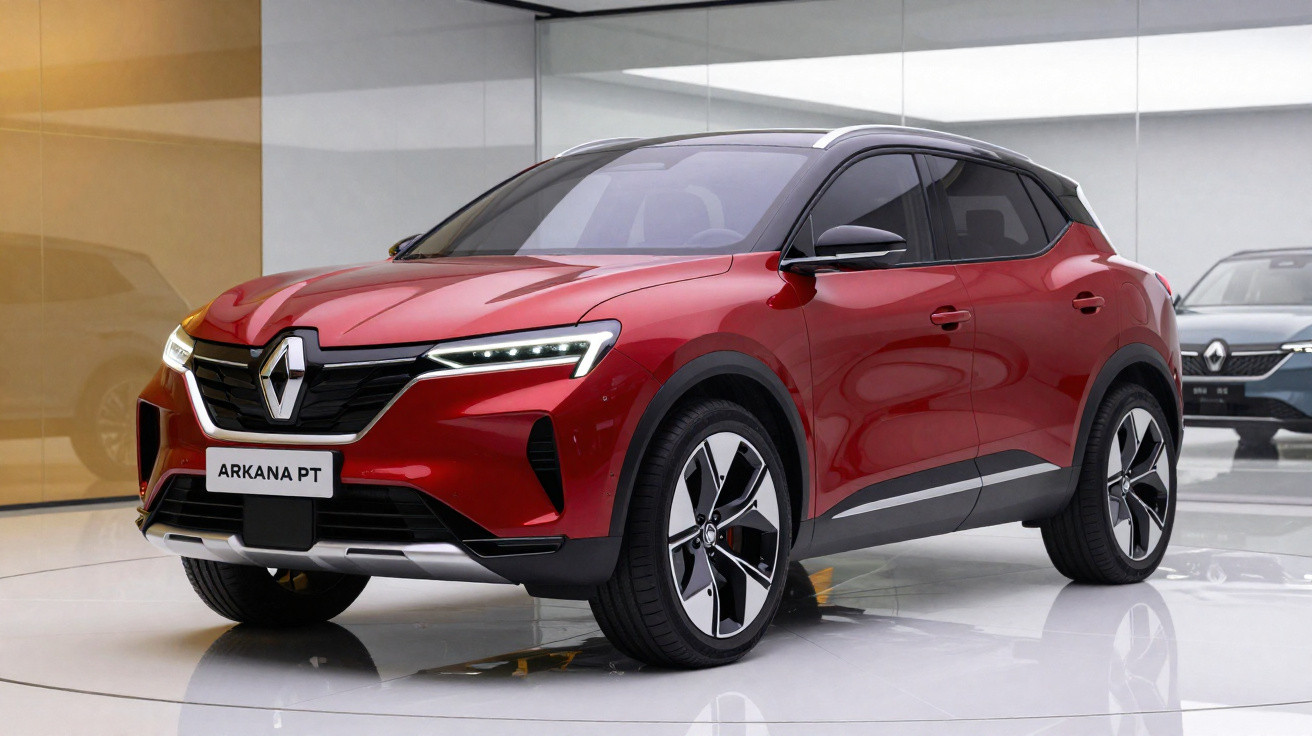 Carro SUV vermelho Renault Arkana PT estacionado em ambiente interno com iluminação branca.