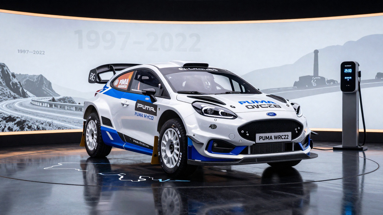Carro de rally elétrico Puma WRC22 branco e azul exposto em estande com carregador ao lado.