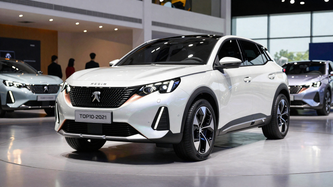 Carro SUV branco Peugeot exposto em salão automotivo com outros veículos ao fundo.