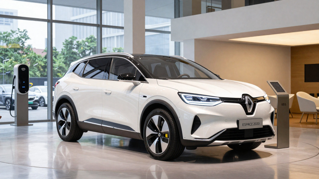 Carro elétrico Renault Espace 2020 branco em exibição dentro de showroom moderno.