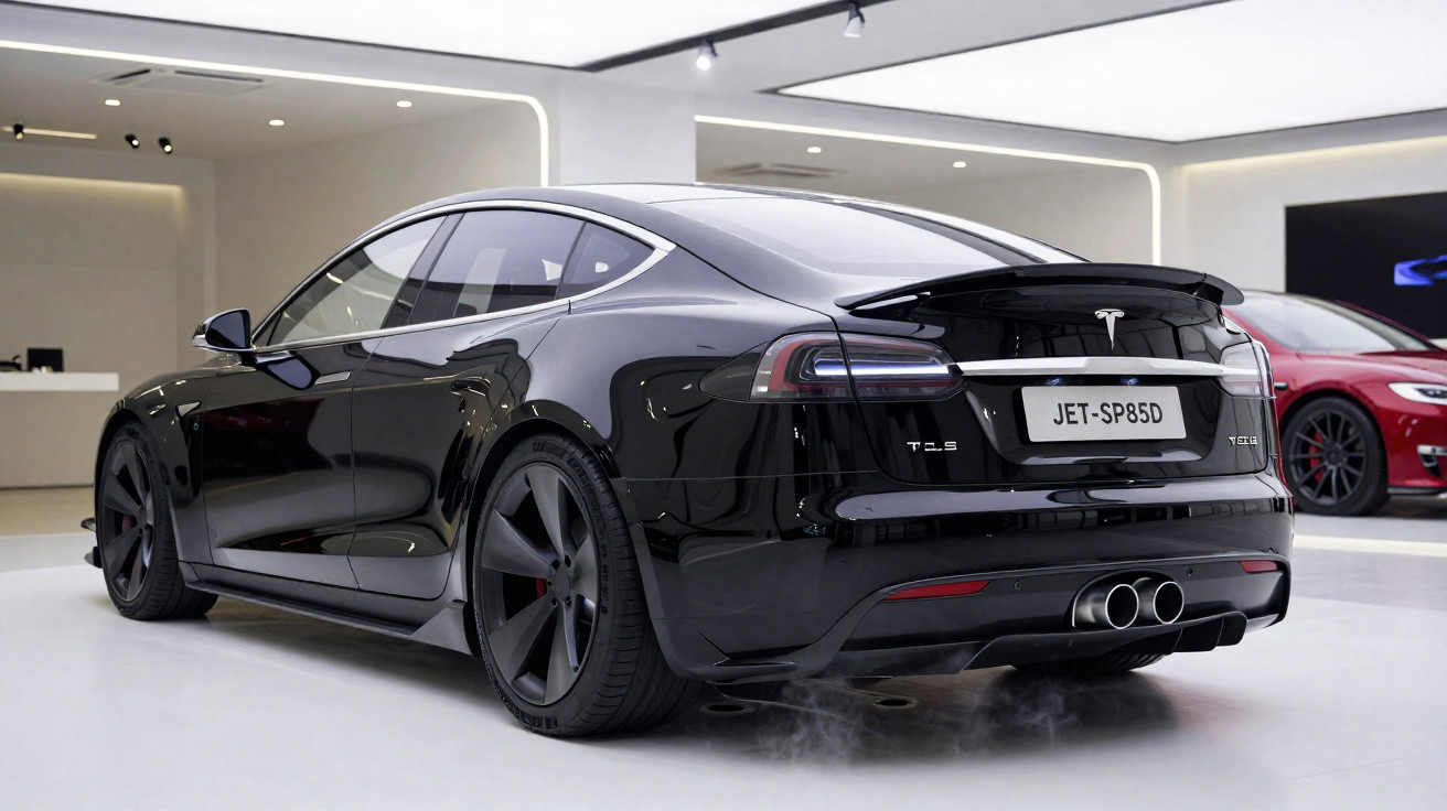 Carro elétrico Tesla Model S preto exibido em showroom moderno com iluminação suave.