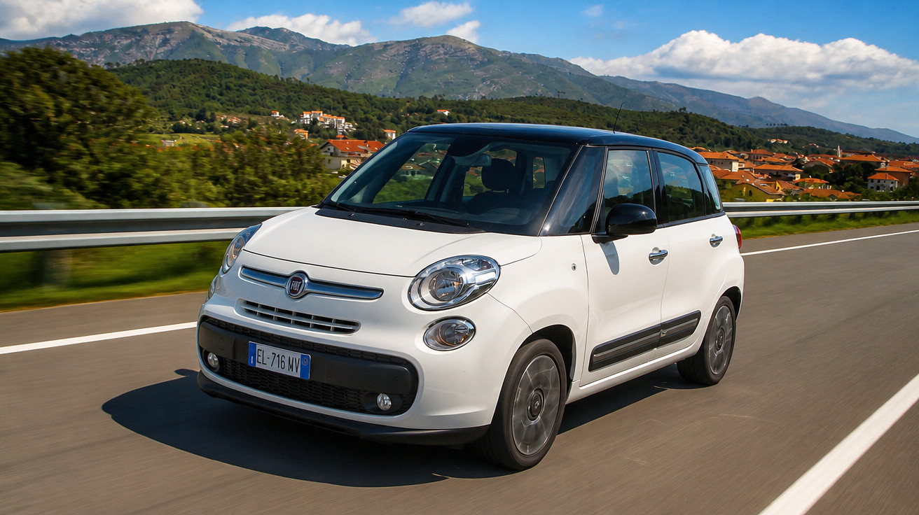 Carro branco Fiat 500L em estrada com montanhas e casas ao fundo em dia ensolarado.