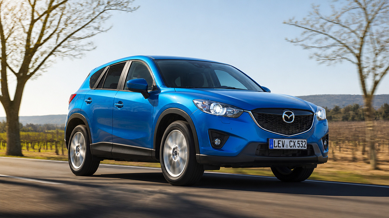 Carro SUV azul Mazda CX-5 em movimento em estrada rural com árvores e campo ao fundo.